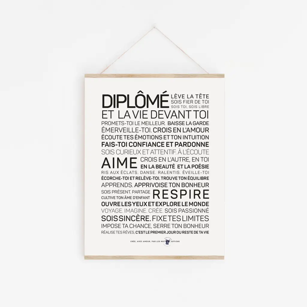 Une affiche avec la mention 'Diplômé(e)' en noir et blanc.