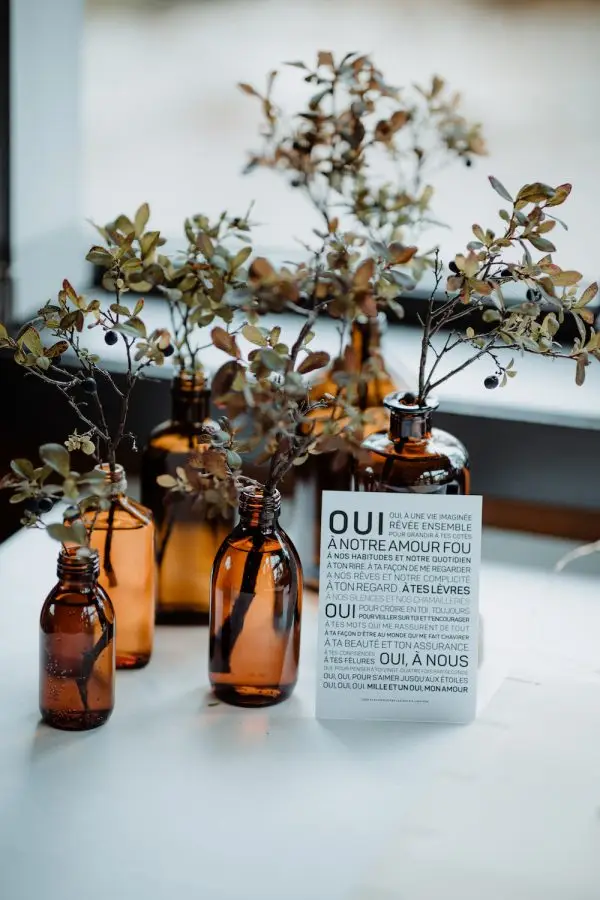Un Mariage avec des vases de plantes et une pancarte.