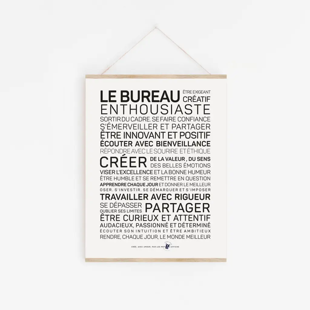 Un Travail avec les mots « le bureau au enthousiasme » en noir et blanc.