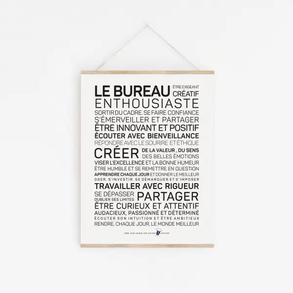 Un Travail avec les mots « le bureau au enthousiasme » en noir et blanc.