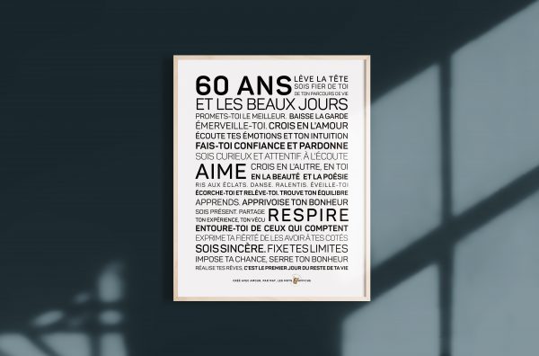 Une affiche en noir et blanc avec la mention "60 ans".