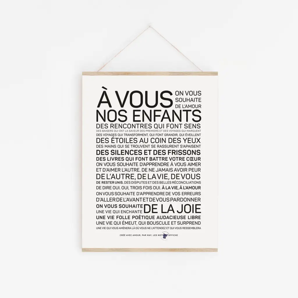 Une affiche avec les mots « à vos enfants » en noir et blanc.