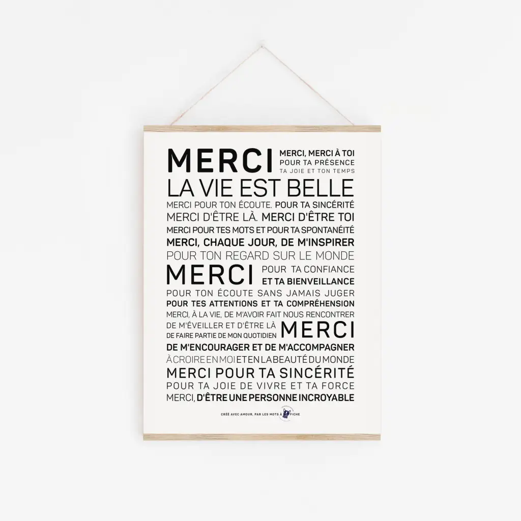 Une affiche avec les mots « Merci » en noir et blanc.