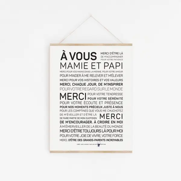 Une affiche Papi & Mamie en noir et blanc avec la mention 'aou vos mamie et papa'.