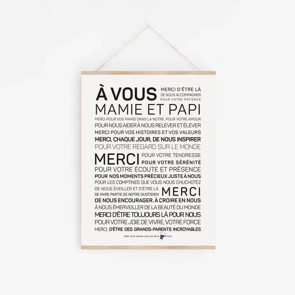 Une affiche en noir et blanc avec la mention « Papi & Mamie ».
