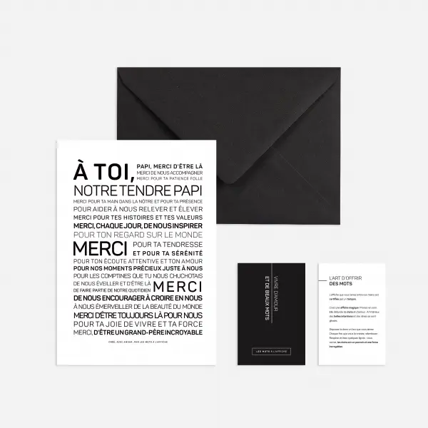 L'ensemble « Papi » comprend une enveloppe noire avec une carte et deux encarts en français, comportant « À TOI, NOTRE TENDRE PAPI » en gros caractères et un texte de gratitude sincère, affiché sur un fond blanc.