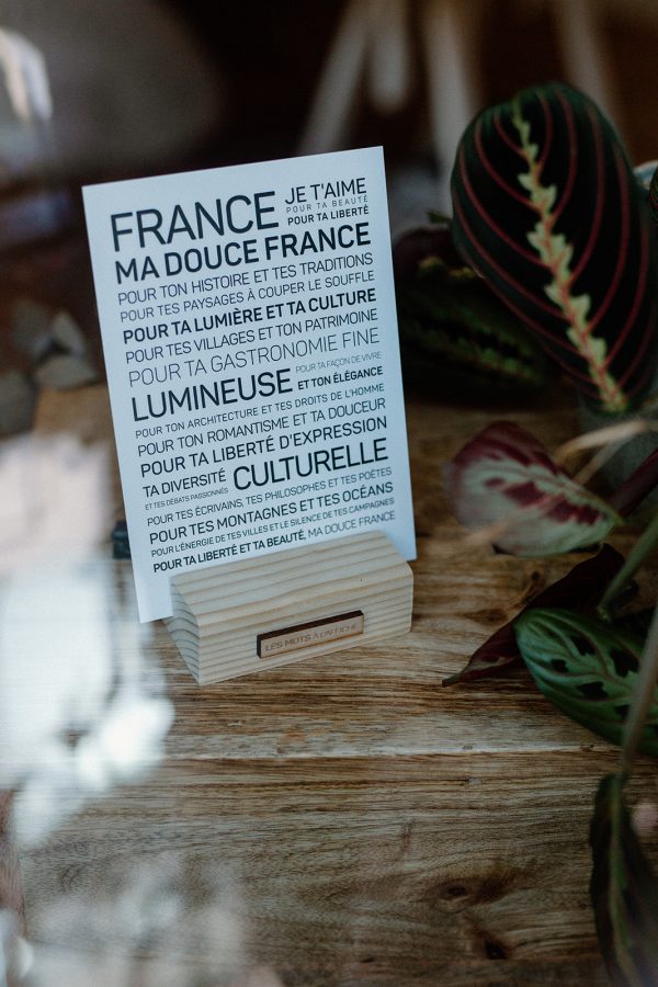Une France avec les mots France dessus, assis sur une table.