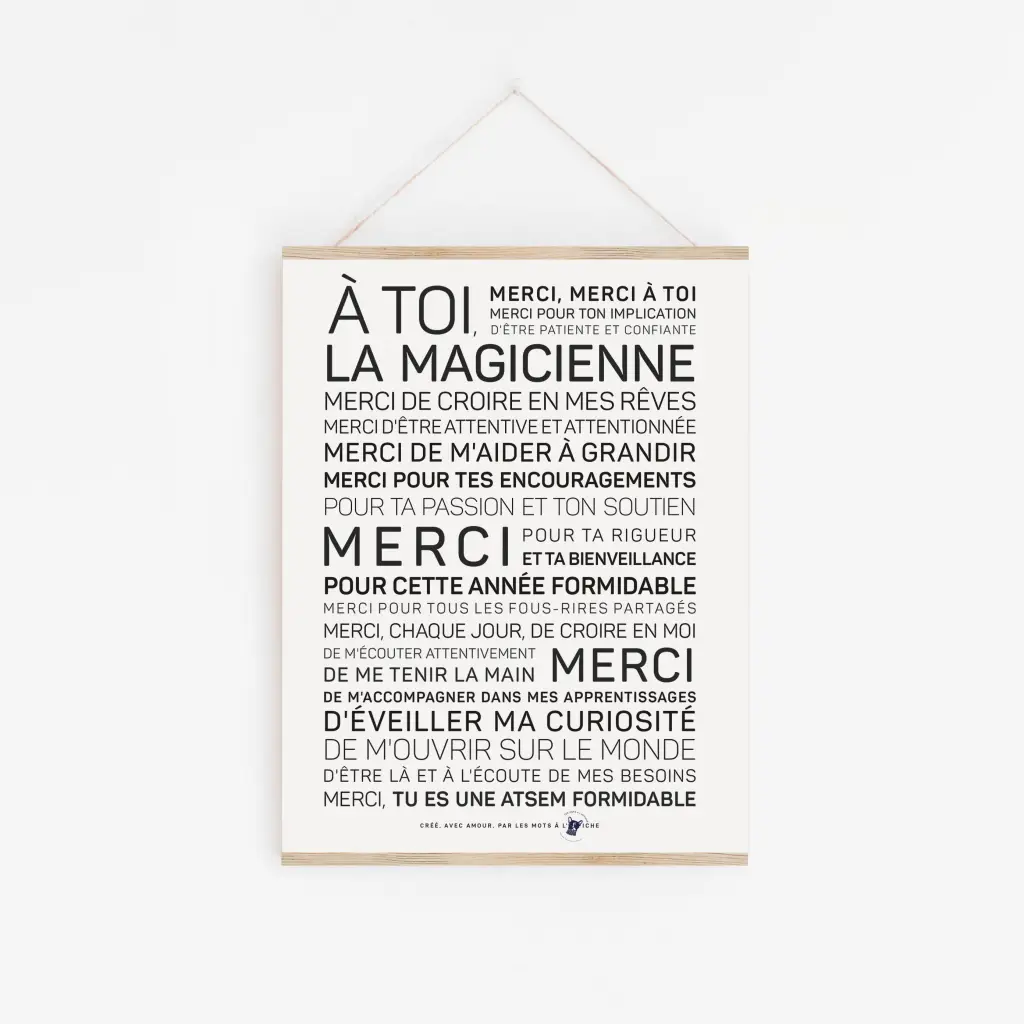 Une affiche Atsem en noir et blanc avec des mots en français accrochée au mur.