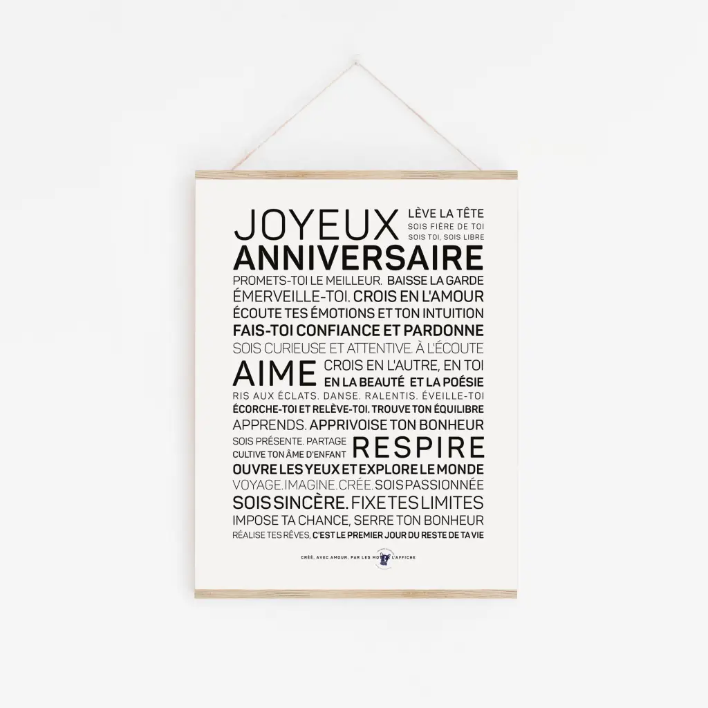 Joyeux anniversaire - une affiche en noir et blanc avec les mots joyeux anniversaire.