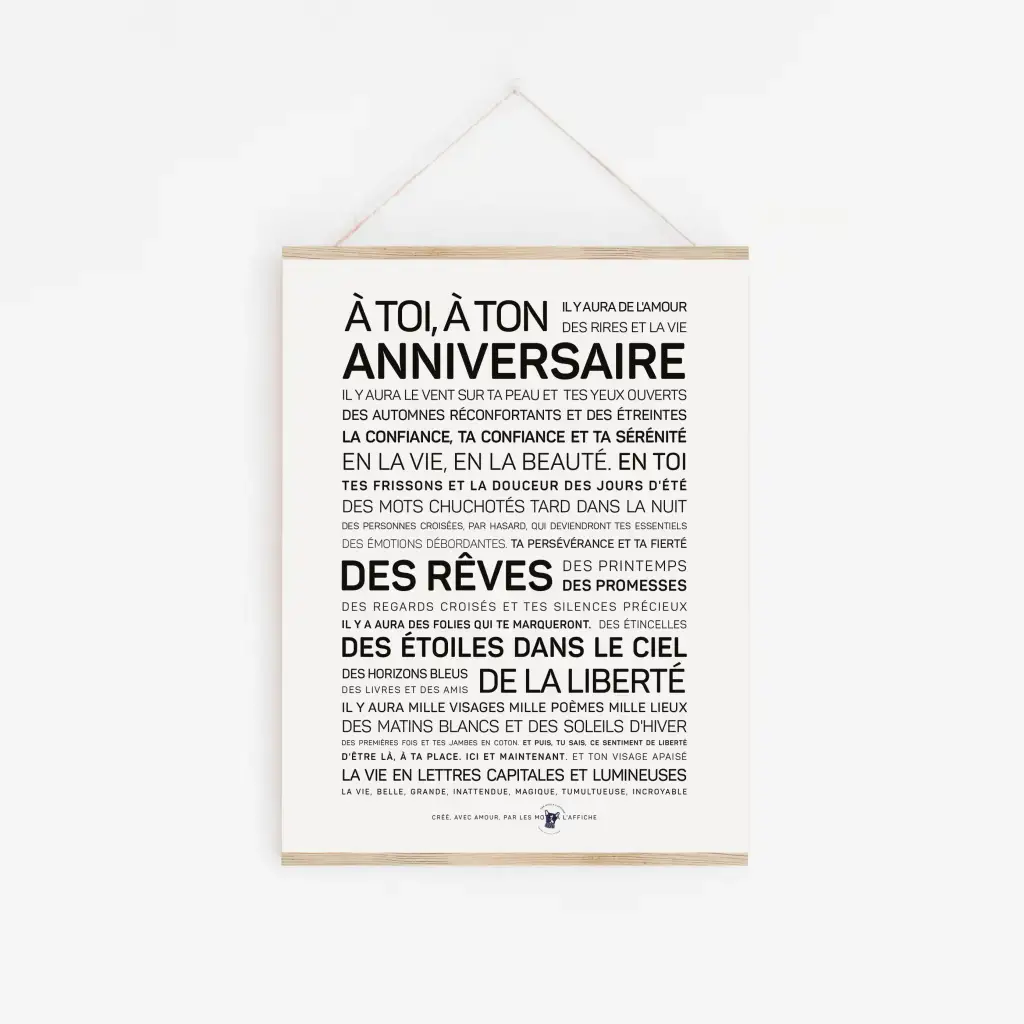 Une affiche en noir et blanc avec la mention 'A toi, à ton anniversaire'.