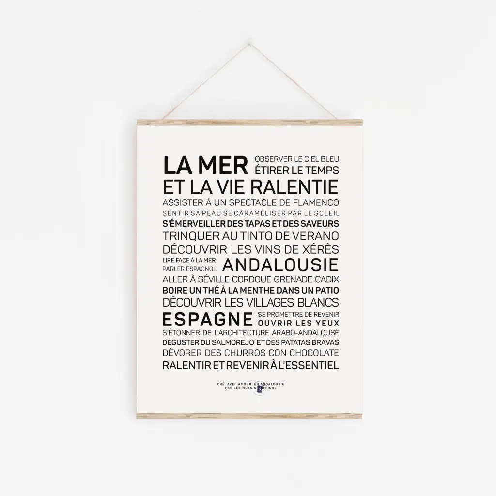 Une affiche avec les mots « Andalousie, Espagne » en noir et blanc.