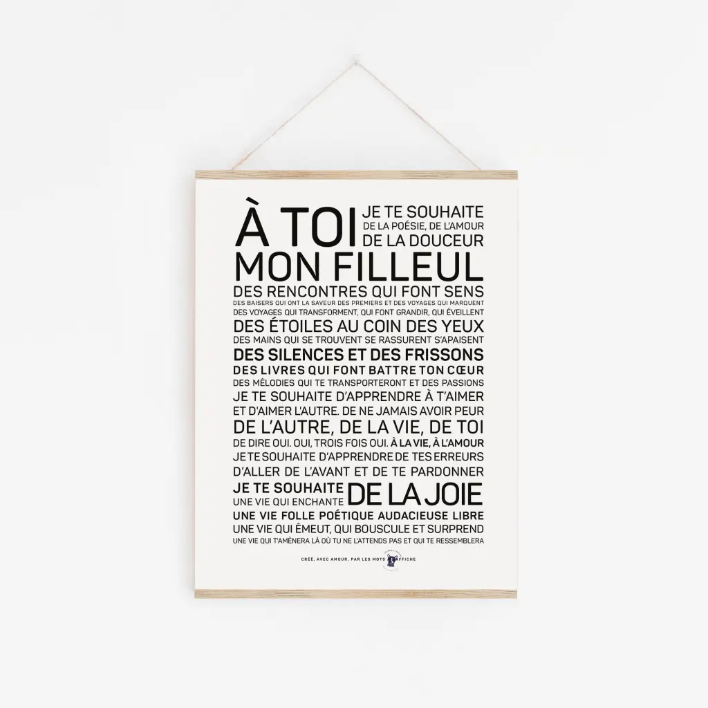 Une affiche en noir et blanc avec les mots a toi mon Filleul.