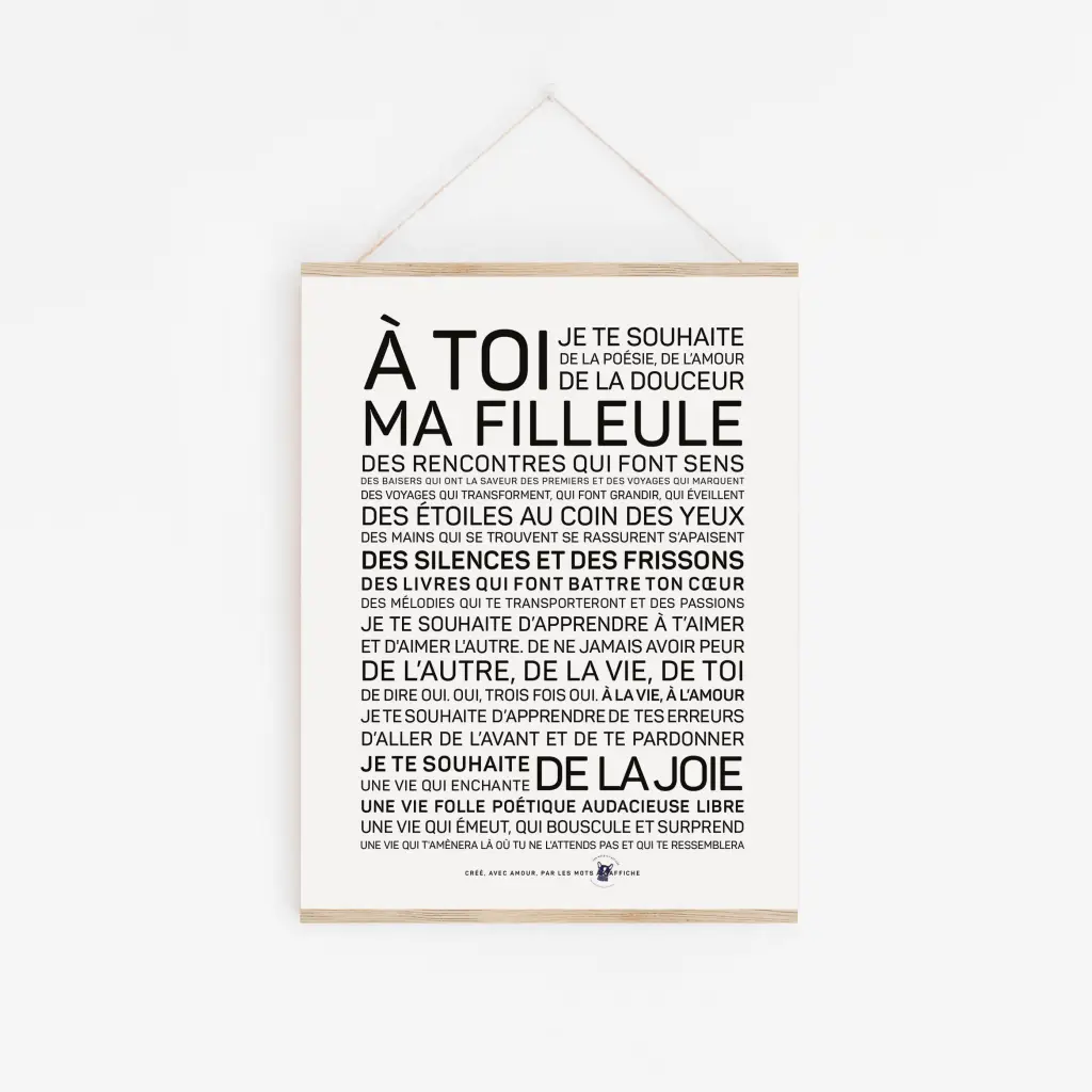 Une affiche en noir et blanc avec les mots a toie ma Filleul.
