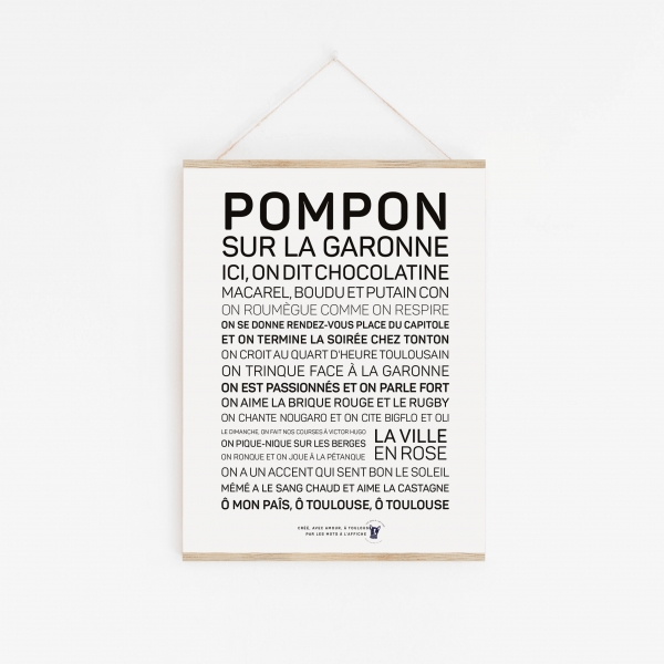 Une affiche en noir et blanc avec la mention Pompon sur la Garonne.