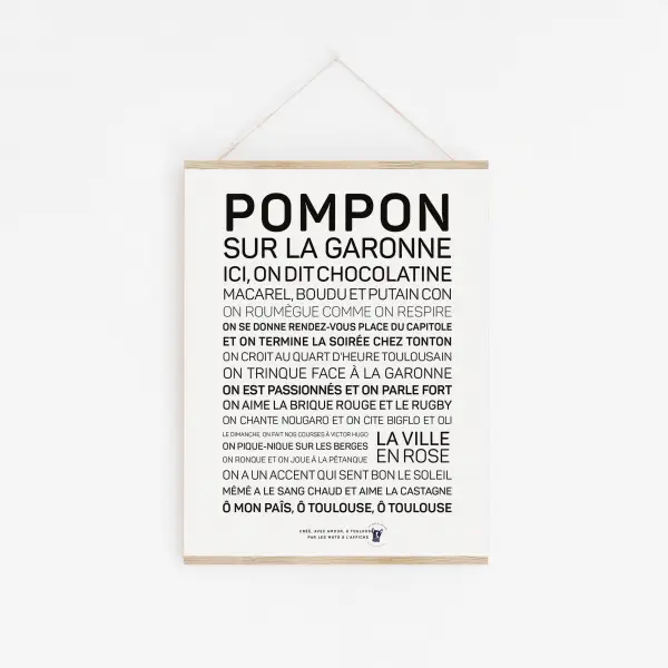 Une affiche en noir et blanc avec la mention Pompon sur la Garonne.