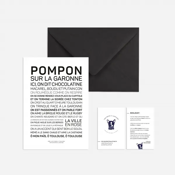 Une enveloppe noire avec le mot Pompon sur la garonne dessus.