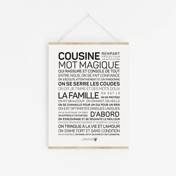 Une affiche Cousine en noir et blanc avec les mots « cousine mot magique ».