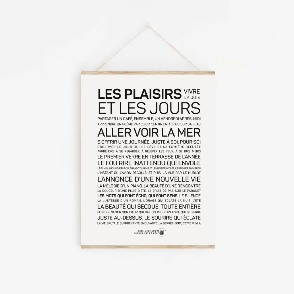 Une affiche en noir et blanc avec les mots Les plaisirs et les jours.