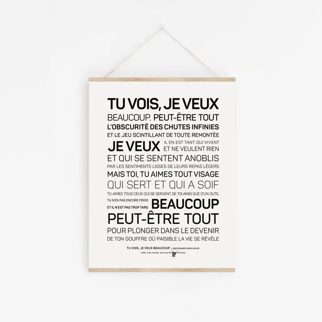 Une affiche en noir et blanc avec les mots "Tu vois, je veux beaucoup..."