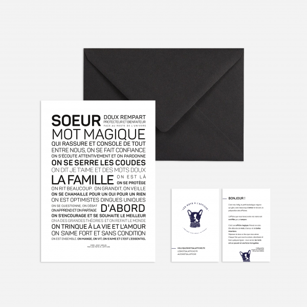 Une invitation Sœur en noir et blanc avec une enveloppe noire.