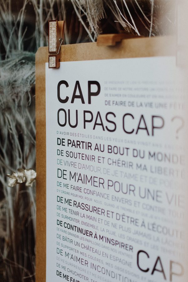 Phrase avec le nom du produit : Une pancarte accrochée à un morceau de bois avec les mots Cap ou pas cap ? écrit dessus, vu comme un cadeau.