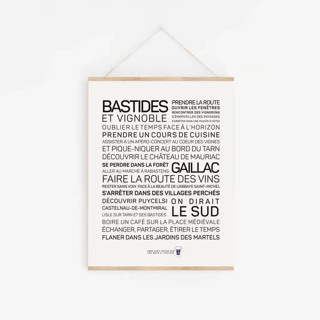 Une affiche en noir et blanc avec la mention Gaillac, entre bastides et vignoble.
