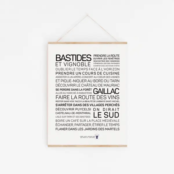 Une affiche en noir et blanc avec la mention Gaillac, entre bastides et vignoble.