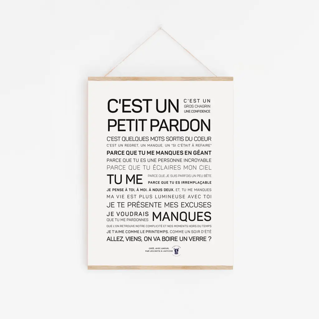 Une affiche avec les mots C'est un petit pardon en noir et blanc.