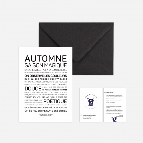 Une enveloppe en noir et blanc avec la mention « Automne, saison magique masque cadeau ».