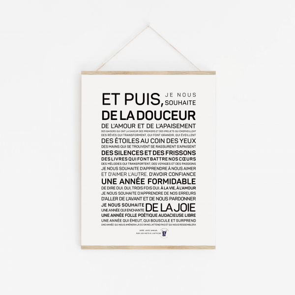 Une affiche De l'amour (voeux) en noir et blanc avec les mots et puis, de l'adouceur.