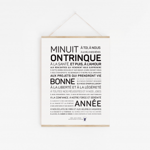 Une affiche en noir et blanc avec les mots 'minute on trinque', De l'amour (voeux), un cadeau parfait.