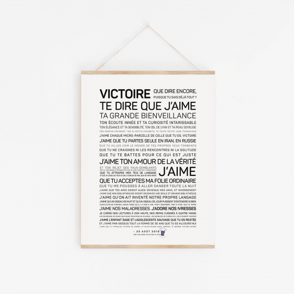 Une Affiche sur mesure en noir et blanc : votre texte à l'affiche avec les mots 'victorie' et 'jamie'.