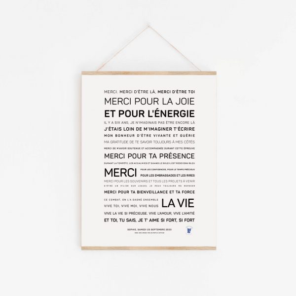 A Affiche sur mesure : votre texte à l'affiche avec des mots poétiques français accrochés au mur.