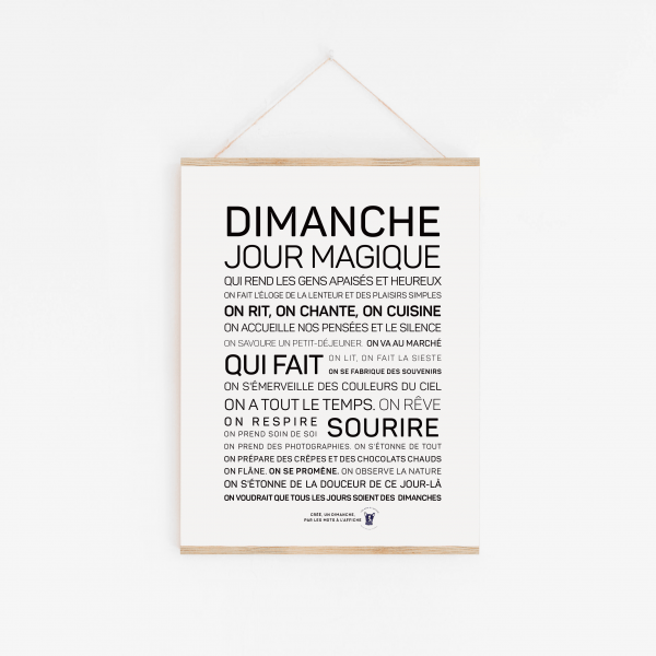 Une affiche avec les mots "Dimanche, jour magique" en noir et blanc, un cadeau parfait.