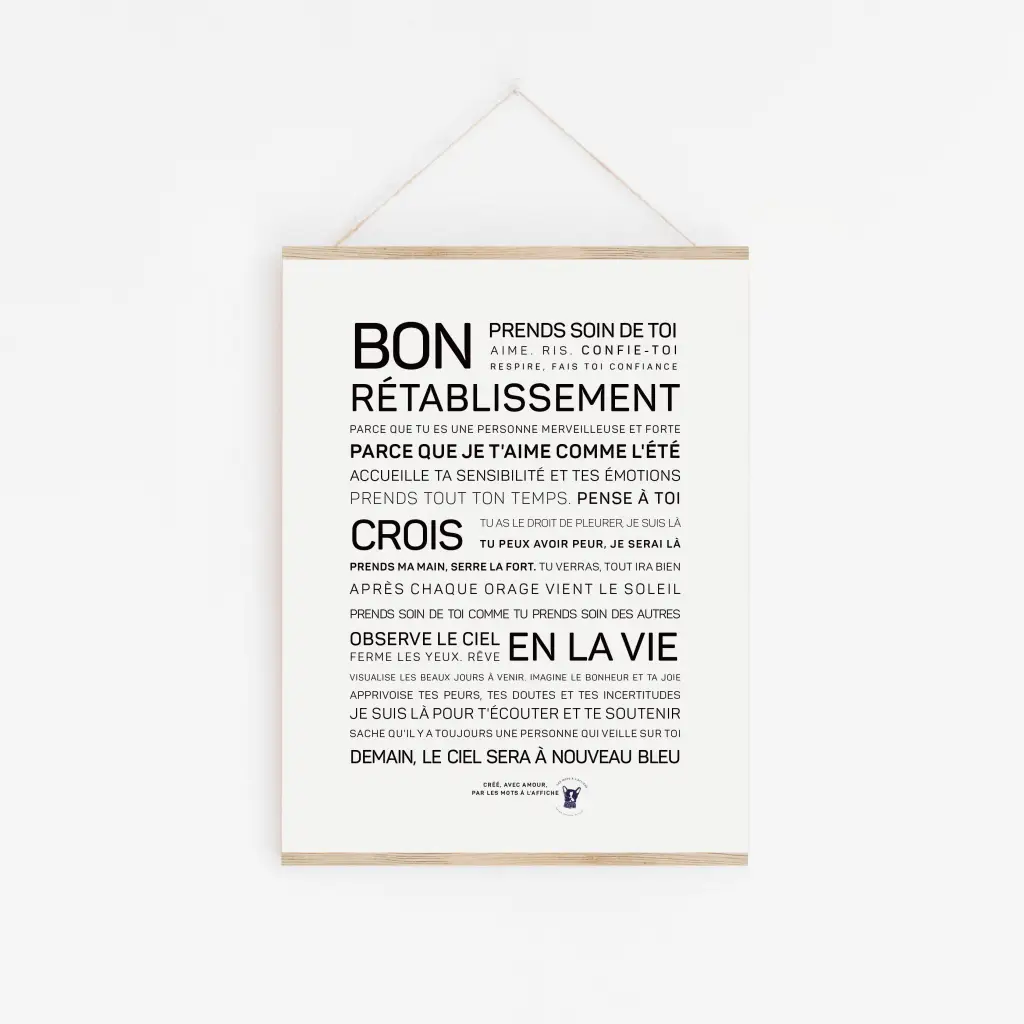 Une affiche Bon rétablissement en noir et blanc avec les mots bon retablissementment.