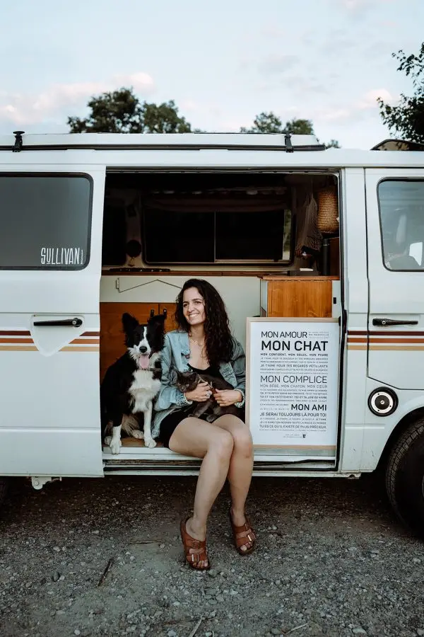 Une femme assise à l'arrière d'une camionnette VW avec son chien, déballe un Chat.
