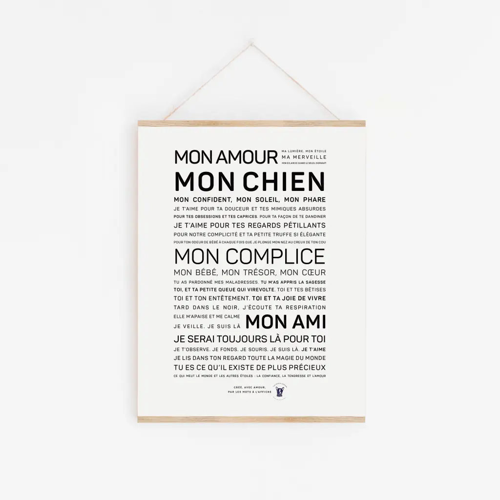 Une affiche en noir et blanc avec les mots monamour mon Chien, un cadeau parfait.