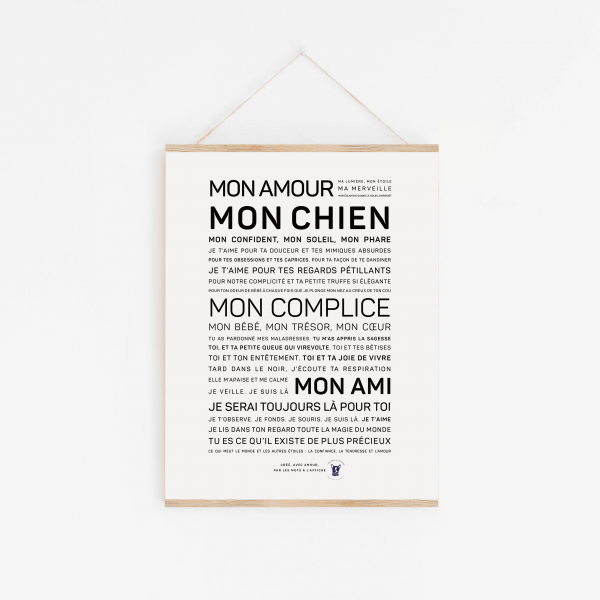 Une affiche en noir et blanc avec les mots monamour mon Chien, un cadeau parfait.