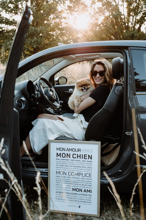 Une femme est assise sur le siège conducteur d’une voiture avec une pancarte Chien.