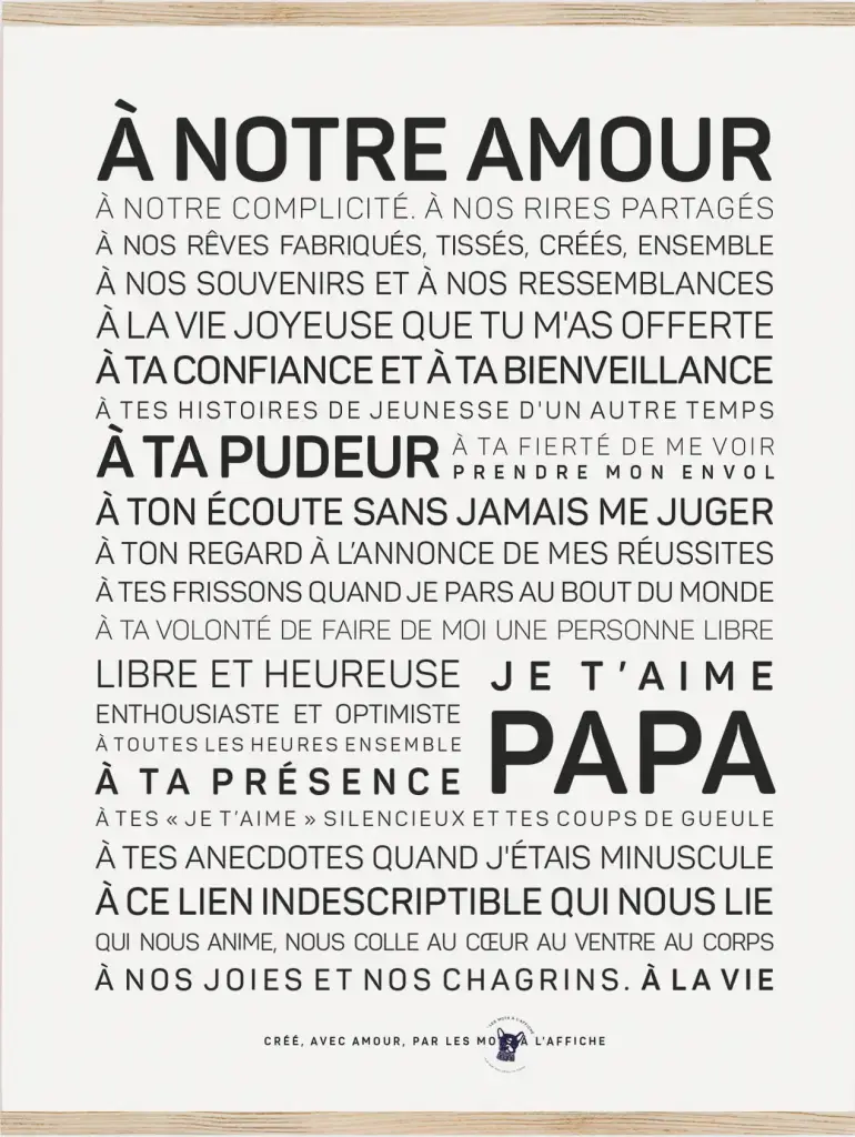 Une affiche cadeau avec les mots "a notre amour".