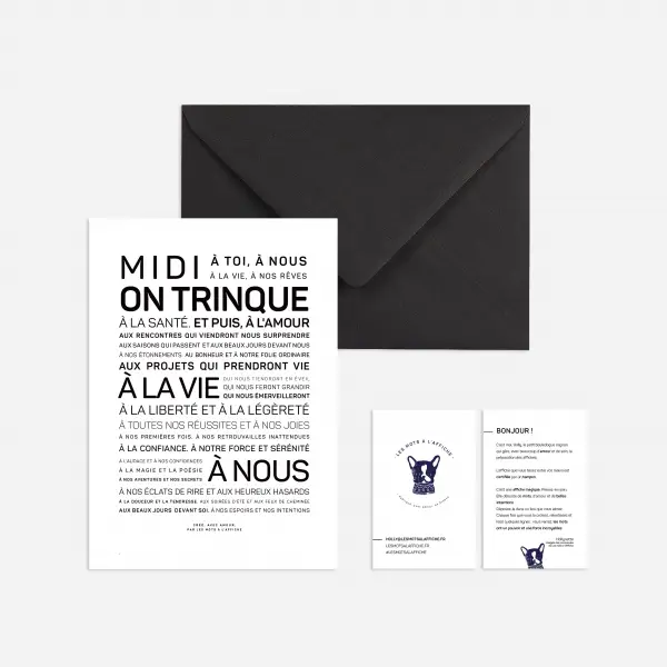 Une enveloppe Chien noir et blanc avec les mots « midi on trinque ».