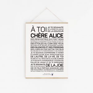 Une affiche en noir et blanc avec les mots a toi cherie Alice.