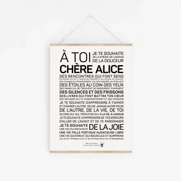 Une affiche en noir et blanc avec les mots a toi cherie Alice.