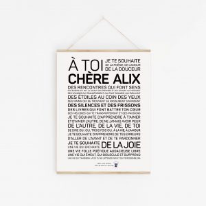 Une affiche en noir et blanc avec les mots a toi de chere Alix.