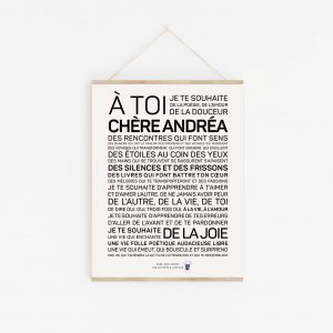 Une affiche en noir et blanc avec les mots a toi cheeren "Andrea".