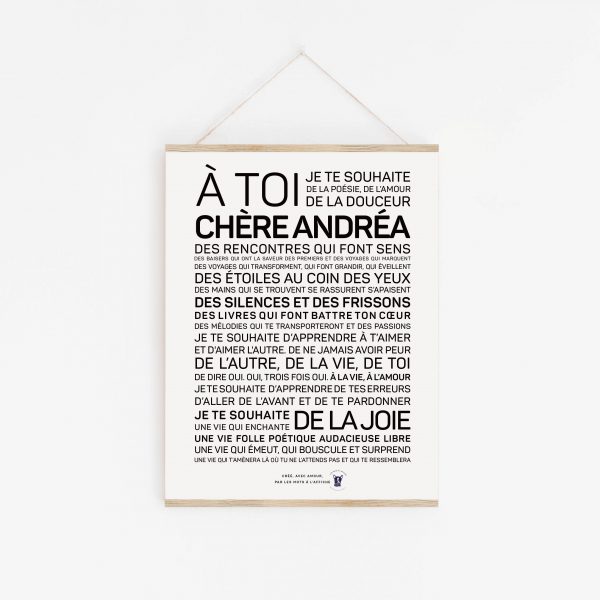 Une affiche en noir et blanc avec les mots a toi cheeren "Andrea".