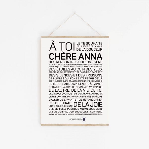 Une affiche en noir et blanc avec les mots a toi cherie Anna.