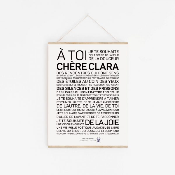 Une affiche en noir et blanc avec les mots a toia cheere Clara.