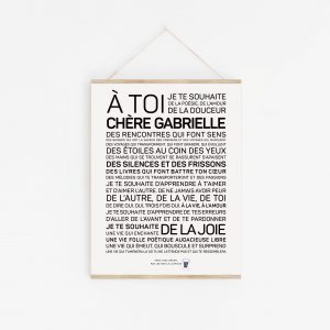 Une affiche en noir et blanc avec les mots à toi chère Gabrielle.
