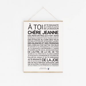 Une affiche en noir et blanc avec les mots à toi chérie Jeanne.